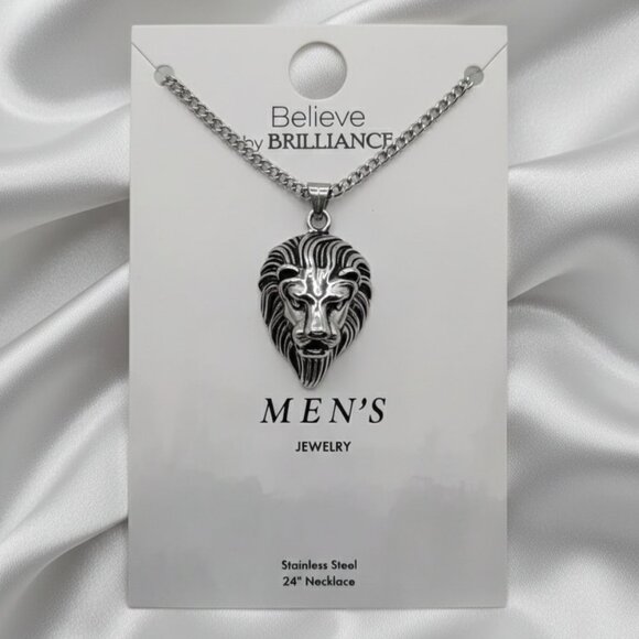 Believe by Brilliance Men’s Silver Lion Head Pendant Necklace 24” NWT - Picture 4 of 8